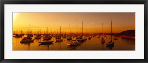 Framed Boats moored at a harbor at dusk, Chicago River, Chicago, Cook County, Illinois, USA Print