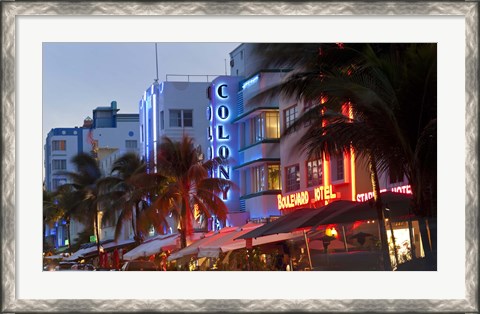 Framed Hotels lit up at dusk in a city, Miami, Miami-Dade County, Florida, USA Print