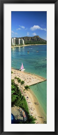 Framed Aerial view of a beach, Diamond Head, Waikiki Beach, Oahu, Honolulu, Hawaii, USA Print