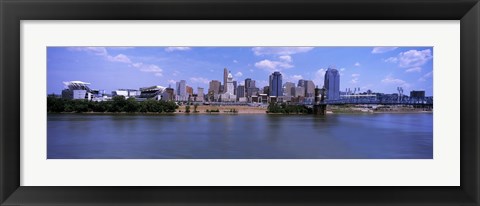 Framed Paul Brown Stadium with John A. Roebling Suspension Bridge along the Ohio River, Cincinnati, Hamilton County, Ohio, USA Print