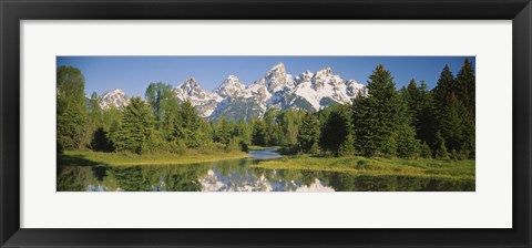 Framed Reflection of a snowcapped mountain in water, Near Schwabachers Landing, Grand Teton National Park, Wyoming, USA Print