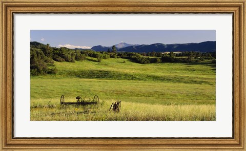 Framed Agricultural equipment in a field, Pikes Peak, Larkspur, Colorado, USA Print