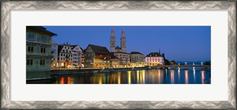 Framed Buildings at the waterfront, Grossmunster Cathedral, Zurich, Switzerland Print