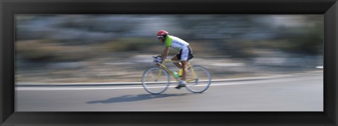 Framed Bike racer participating in a bicycle race, Sitges, Barcelona, Catalonia, Spain Print
