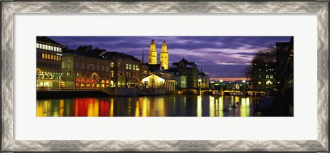 Framed Reflection of night lights in River Limmat Zurich Switzerland Print