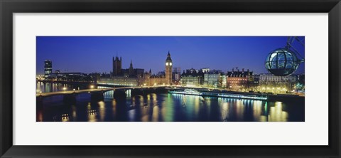 Framed Buildings lit up at dusk, Big Ben, Houses Of Parliament, Thames River, London, England Print