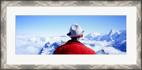 Framed Man Contemplating Swiss Alps, Switzerland Print