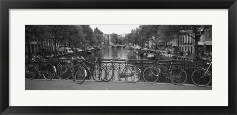 Framed Bicycle Leaning Against A Metal Railing On A Bridge, Amsterdam, Netherlands Print