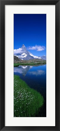 Framed Reflection of a mountain in water, Riffelsee, Matterhorn, Switzerland Print
