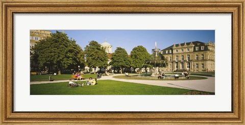 Framed Group Of People Sitting Around A Fountain In A Park, Schlossplatz, Stuttgart, Baden-Wurttemberg, Germany Print