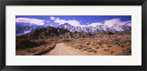 Framed Dirt road passing through an arid landscape, Lone Pine, Californian Sierra Nevada, California, USA Print