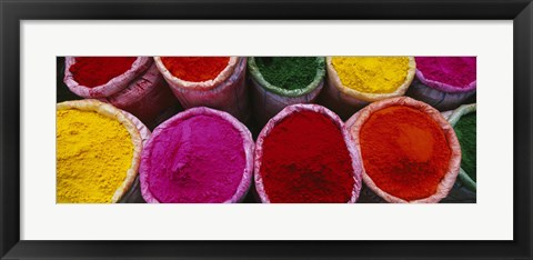 Framed High angle view of various powder paints, Braj, Mathura, Uttar Pradesh, India Print