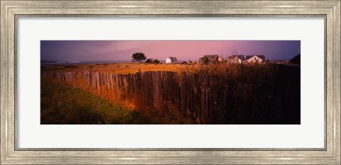 Framed Wooden fence in a field with houses in the background, Mendocino, California, USA Print