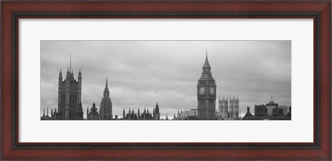 Framed Buildings in a city, Big Ben, Houses Of Parliament, Westminster, London, England (black and white) Print