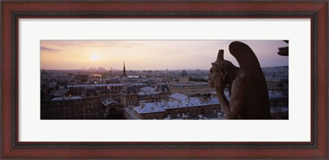 Framed Chimera sculpture with a cityscape in the background, Galerie Des Chimeres, Notre Dame, Paris, Ile-De-France, France Print