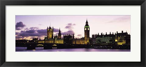 Framed Buildings lit up at dusk, Big Ben, Houses of Parliament, Thames River, City Of Westminster, London, England Print