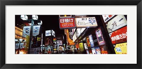 Framed Commercial signboards lit up at night in a market, Shinjuku Ward, Tokyo Prefecture, Kanto Region, Japan Print