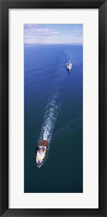 Framed Aerial view of a battleship being towed in the sea, USS Iowa (BB-61), Rhode Island Sound, Rhode Island, USA Print