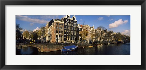 Framed Boats and Buildings along a canal, Amsterdam, Netherlands Print