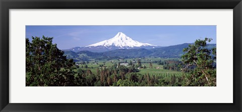 Framed Trees and farms with a snowcapped mountain in the background, Mt Hood, Oregon, USA Print