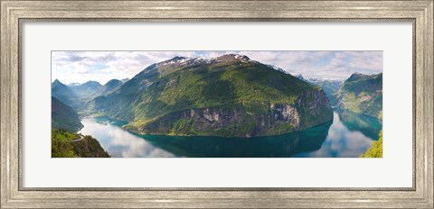 Framed Reflection of mountains in fjord, Geirangerfjord, Sunnmore, Norway Print