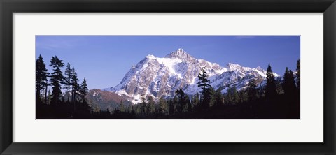 Framed Mountain range covered with snow, Mt Shuksan, Picture Lake, North Cascades National Park, Washington State, USA Print