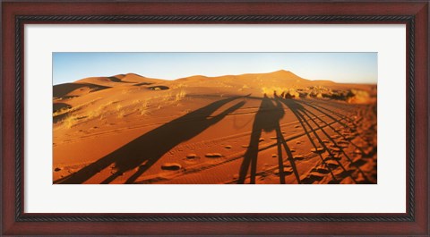 Framed Shadows of camel riders in the desert at sunset, Sahara Desert, Morocco Print