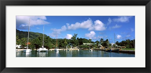 Framed Yachts and small fishing boats at the harbor on La Digue Island, Seychelles Print