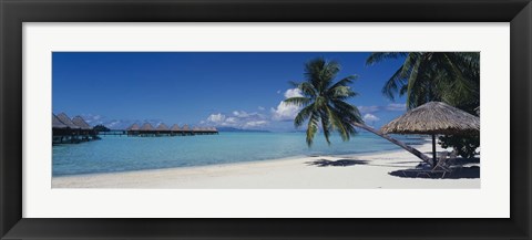 Framed Lounge chair under a beach umbrella, Moana Beach, Bora Bora, French Polynesia Print