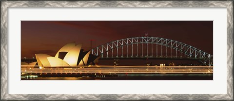 Framed Opera house lit up at night with light streaks, Sydney Harbor Bridge, Sydney Opera House, Sydney, New South Wales, Australia Print