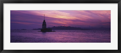 Framed Lighthouse in the sea with mosque in the background, St. Sophia, Leander&#39;s Tower, Blue Mosque, Istanbul, Turkey Print
