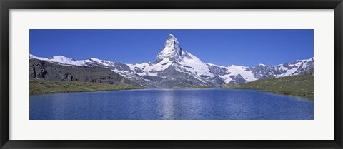 Framed Panoramic View Of A Snow Covered Mountain By A Lake, Matterhorn, Zermatt, Switzerland Print