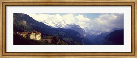 Framed Hotel with mountain range in the background, Swiss Alps, Switzerland Print