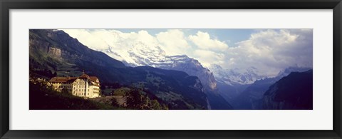 Framed Hotel with mountain range in the background, Swiss Alps, Switzerland Print