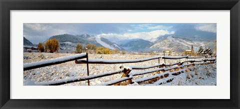 Framed Wooden fence covered with snow at the countryside, Colorado, USA Print