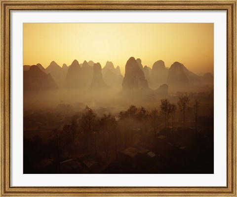 Framed Sunrise in Mountains Guilin China Print