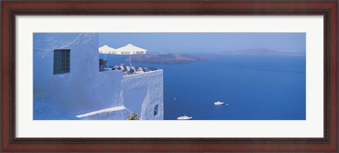 Framed Building On Water, Boats, Fira, Santorini Island, Greece Print