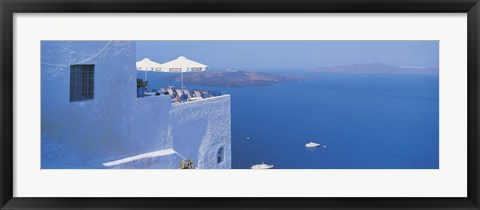 Framed Building On Water, Boats, Fira, Santorini Island, Greece Print