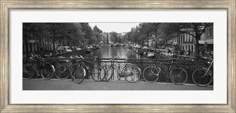 Framed Bicycle Leaning Against A Metal Railing On A Bridge, Amsterdam, Netherlands Print