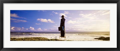 Framed Businessman Standing On A Ladder And Looking Through Binoculars, California, USA Print