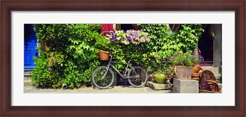 Framed Bicycle In Front Of Wall Covered With Plants And Flowers, Rochefort En Terre, France Print