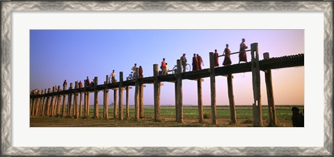 Framed Myanmar, Mandalay, U Bein Bridge, People crossing over the bridge Print