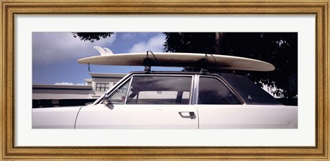 Framed California, Surf board on roof of car Print