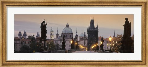 Framed Lit Up Bridge At Dusk, Charles Bridge, Prague, Czech Republic Print