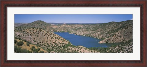 Framed High angle view of a lake surrounded by hills, Santa Cruz Lake, New Mexico, USA Print