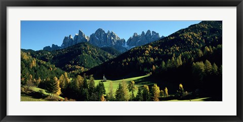 Framed Trees on a landscape, Dolomites, Funes Valley, Le Odle, Santa Maddalena, Tyrol, Italy Print