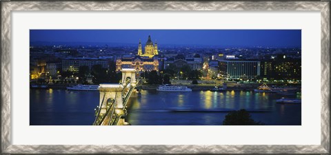 Framed High angle view of a suspension bridge lit up at dusk, Chain Bridge, Danube River, Budapest, Hungary Print