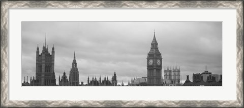 Framed Buildings in a city, Big Ben, Houses Of Parliament, Westminster, London, England (black and white) Print