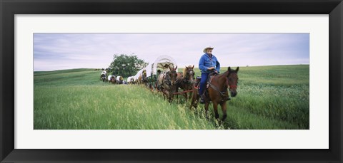 Framed Historical reenactment of covered wagons in a field, North Dakota, USA Print