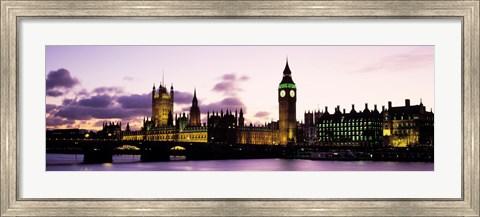 Framed Buildings lit up at dusk, Big Ben, Houses of Parliament, Thames River, City Of Westminster, London, England Print